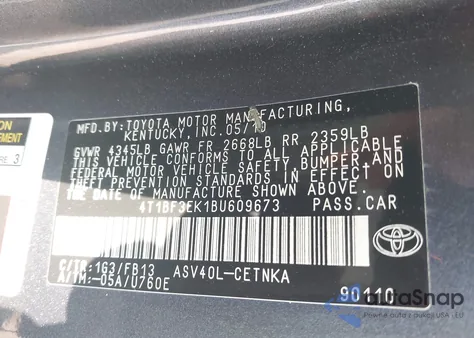 2011 Toyota Camry Le из США, поврежденный, VIN 4T1BF3EK1BU609673